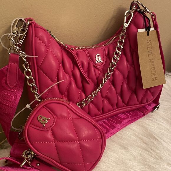 NWT Steve Madden (Bvital) Quilted Crossbody Bag w/ AirPod Coin Pouch - Fuchsia - Picture 9 of 17